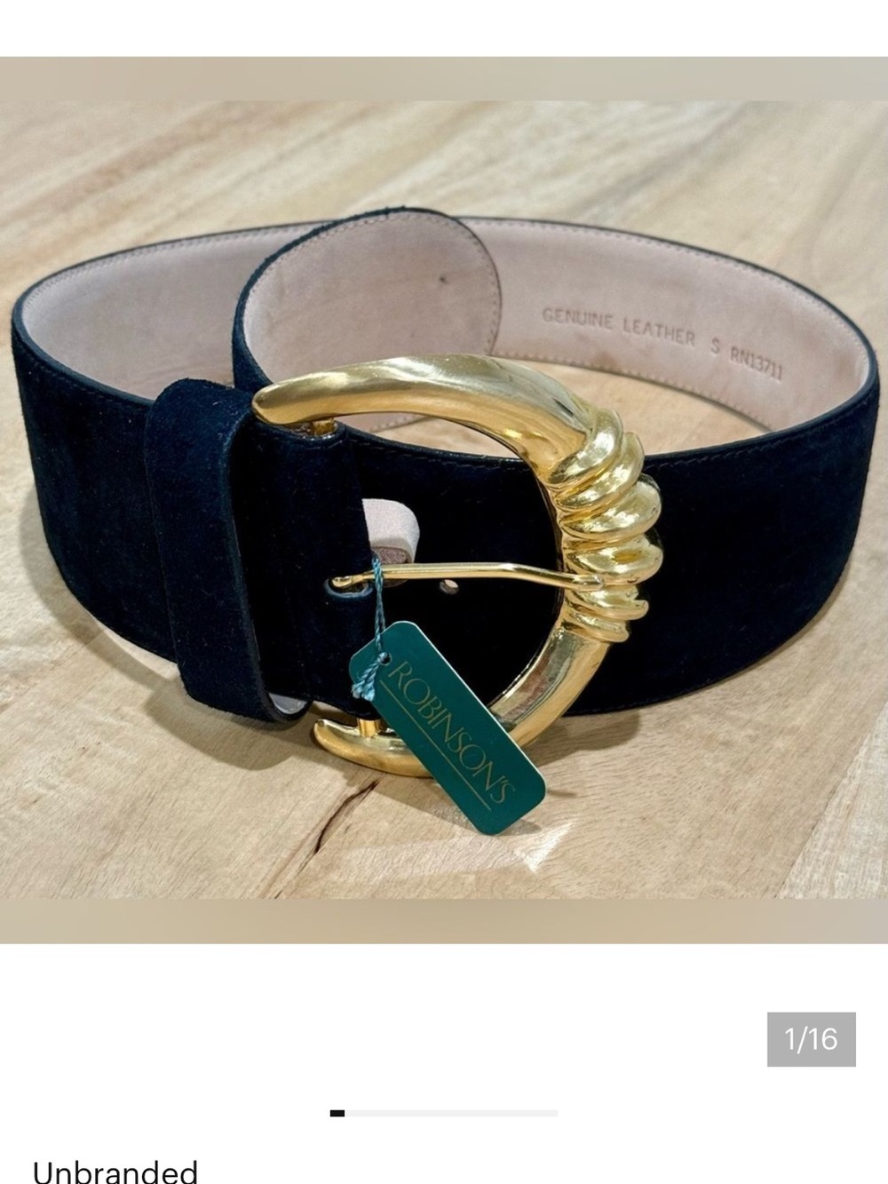 Black Suede “Door Knocker” style Belt with Gold Buckle NWT